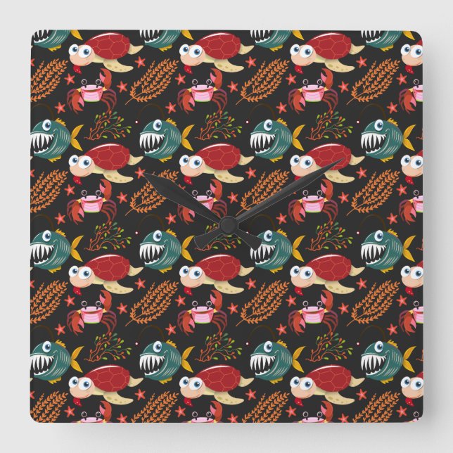Aquatic animals pattern | ocean underwater life 30 square wall clock (Front)