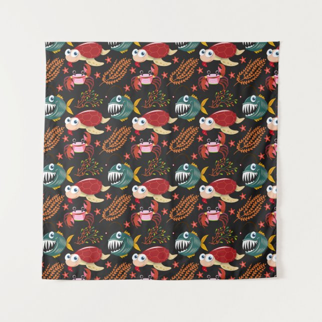 Aquatic animals pattern | ocean underwater life 30 tapestry (Front)