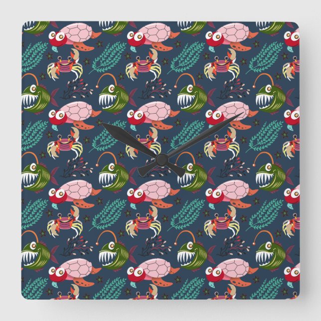 Aquatic animals pattern | ocean underwater life 34 square wall clock (Front)