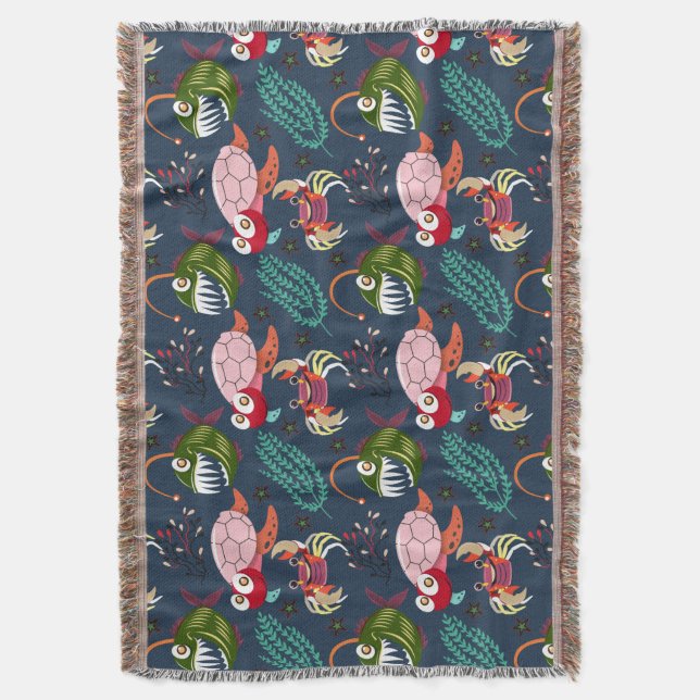 Aquatic animals pattern | ocean underwater life 34 throw blanket (Front Vertical)