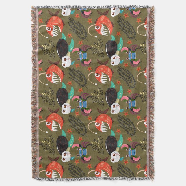 Aquatic animals pattern | ocean underwater life 36 throw blanket (Front Vertical)