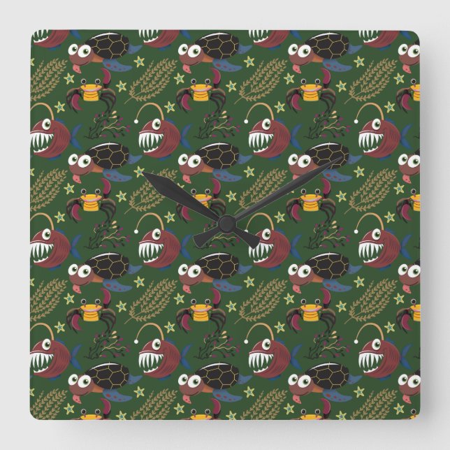 Aquatic animals pattern | ocean underwater life 38 square wall clock (Front)