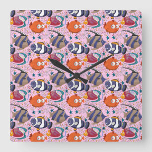 Aquatic animals pattern   ocean underwater life 39 square wall clock