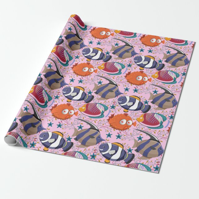 Aquatic animals pattern | ocean underwater life 39 wrapping paper (Unrolled)