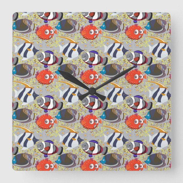 Aquatic animals pattern | ocean underwater life 40 square wall clock (Front)