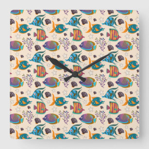 Aquatic animals pattern   ocean underwater life 5 square wall clock