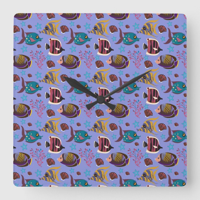Aquatic animals pattern | ocean underwater life 8 square wall clock (Front)