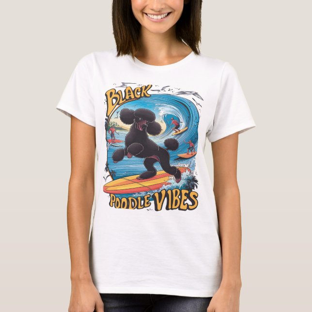 Aquatic Black Poodle: Surfing the Big Wave T-Shirt (Front)