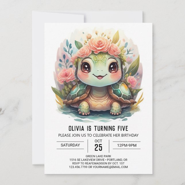 Aquatic Custom Turtle Girl Birthday Invitation (Front)
