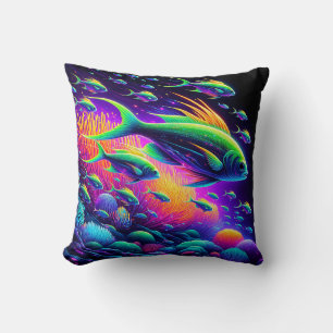 “Aquatic Dance: Neon Serenity Curtain” Throw Pillow