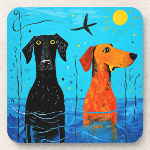 "Aquatic Duo of Joy" -  Surreal Colourful Dogs     Coaster