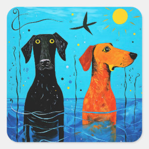 "Aquatic Duo of Joy" - Surreal Colourful Dogs Square Sticker