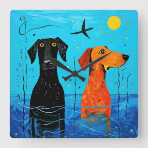 "Aquatic Duo of Joy" -  Surreal Colourful Dogs     Square Wall Clock