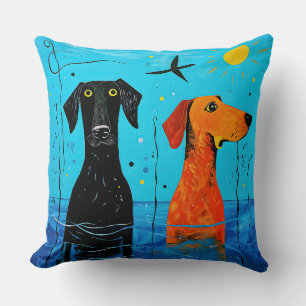 "Aquatic Duo of Joy" - Surreal Colourful Dogs Throw Pillow