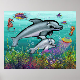 Aquatic Fantasy Scene with Dolphins Poster