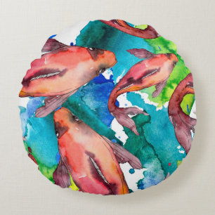 Aquatic fish set. Red sea and exotic fishes inside Round Pillow