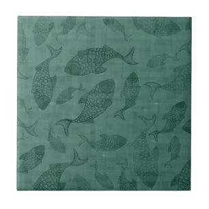Aquatic Fish Stencil Art Teal Bokeh Pattern Tile