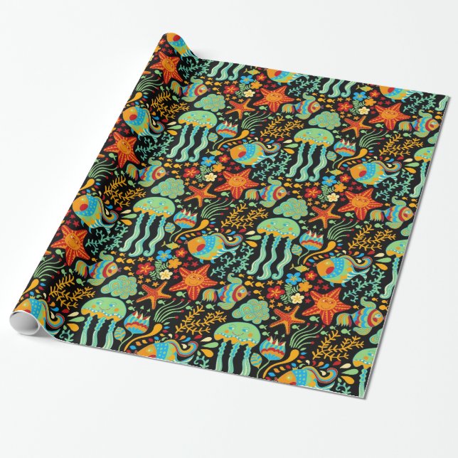 Aquatic Life Cartoon Style Wrapping Paper (Unrolled)