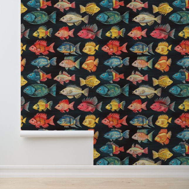 Aquatic Life Fish Species Chalk Drawing Pattern  Wallpaper (Application)