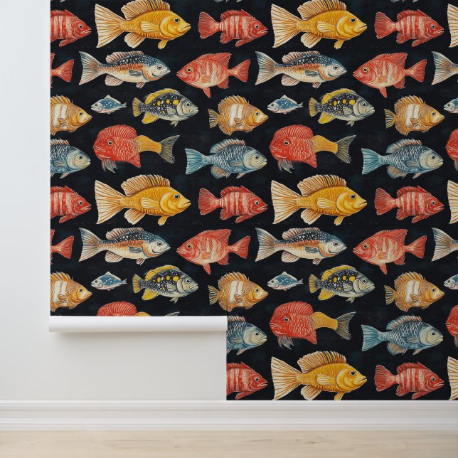 Aquatic Life Fish Species Chalk Drawing Pattern  Wallpaper (Application)