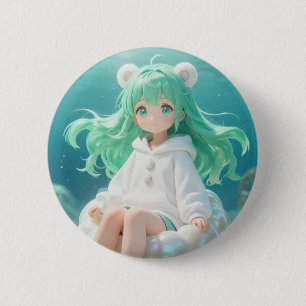 Aquatic Mint: Kawaii Girl in White Hoodie on Iride 2 Inch Round Button