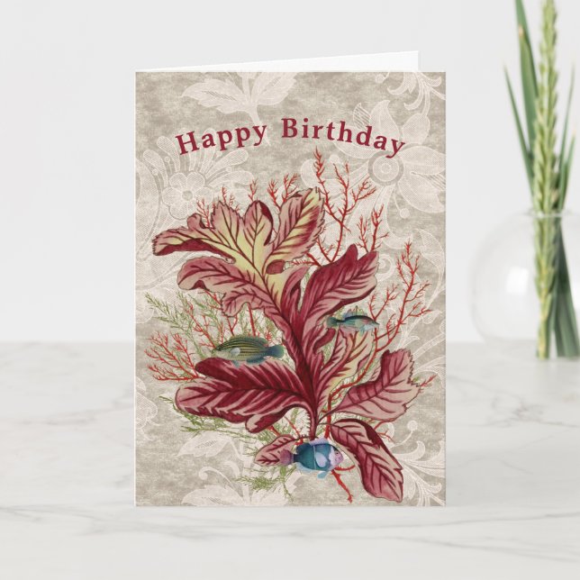 Aquatic Red Coral Seaweed Fish Birthday Card (Front)