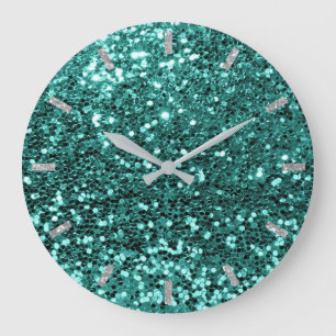 Aquatic Teal Mint Sparkly Glitter Silver Grey Large Clock
