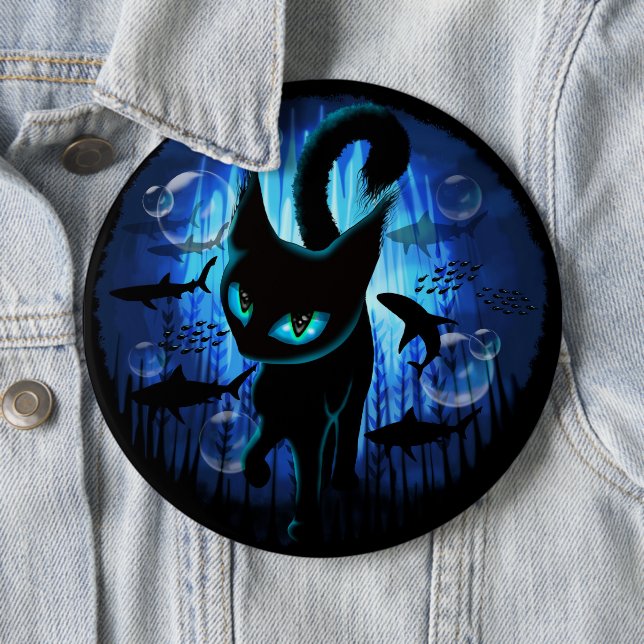 Aquaticat - Surreal Cat in Deep Ocean Fantasy 6 Inch Round Button (In Situ)