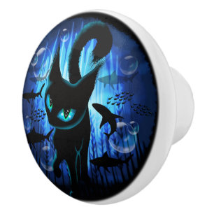 Aquaticat - Surreal Cat in Deep Ocean Fantasy Ceramic Knob