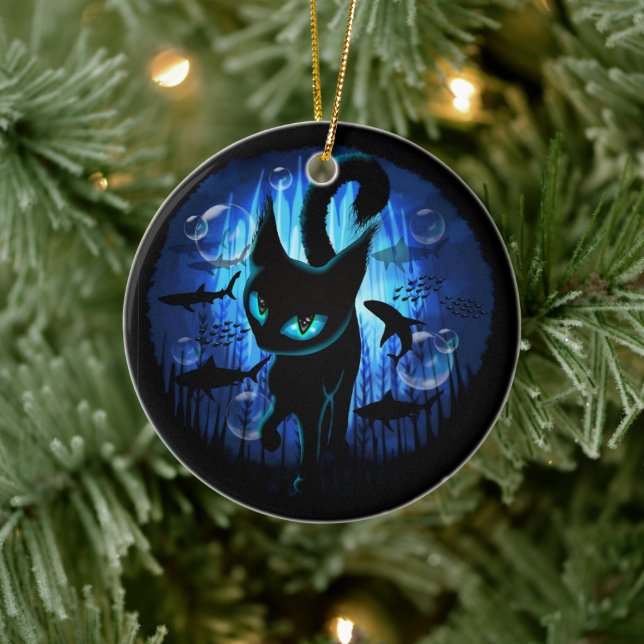 Aquaticat - Surreal Cat in Deep Ocean Fantasy Ceramic Ornament (Tree)