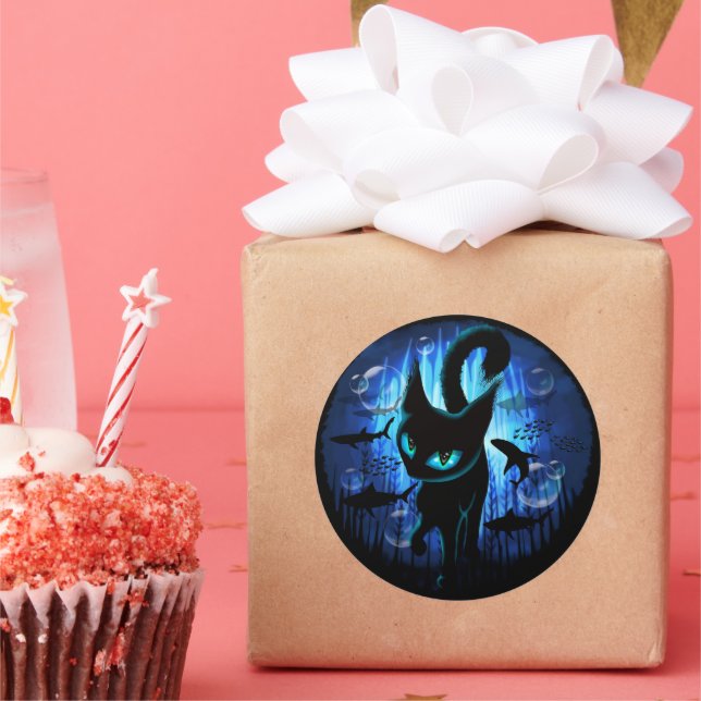 Aquaticat - Surreal Cat in Deep Ocean Fantasy Classic Round Sticker (Party)