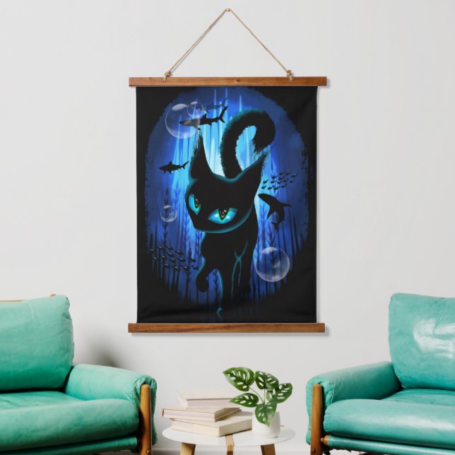 Aquaticat - Surreal Cat in Deep Ocean Fantasy Hanging Tapestry (Living Room)