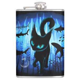 Aquaticat - Surreal Cat in Deep Ocean Fantasy Hip Flask