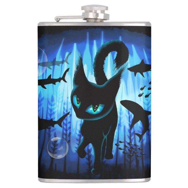 Aquaticat - Surreal Cat in Deep Ocean Fantasy Hip Flask (Front)