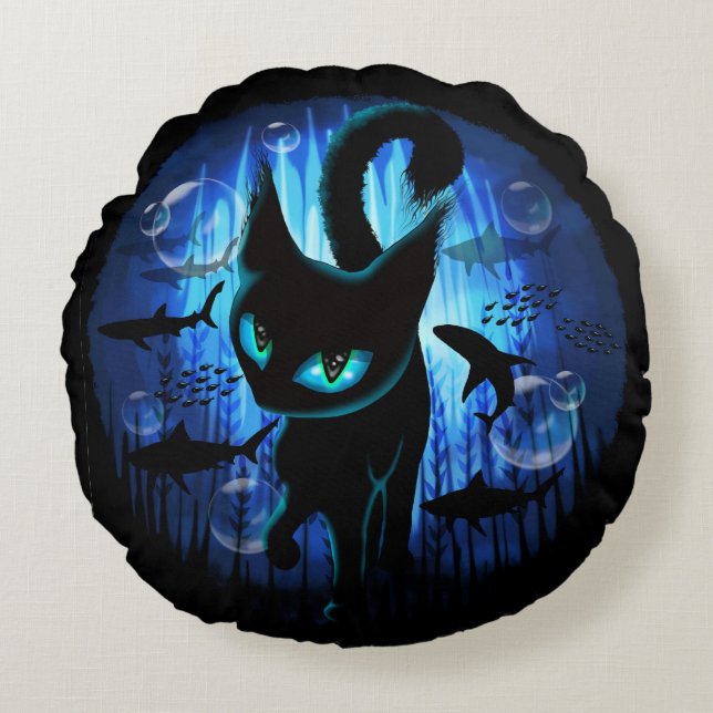 Aquaticat - Surreal Cat in Deep Ocean Fantasy Round Pillow (Front)