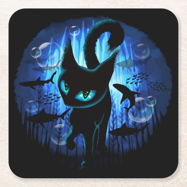 Aquaticat - Surreal Cat in Deep Ocean Fantasy Square Paper Coaster (Front)