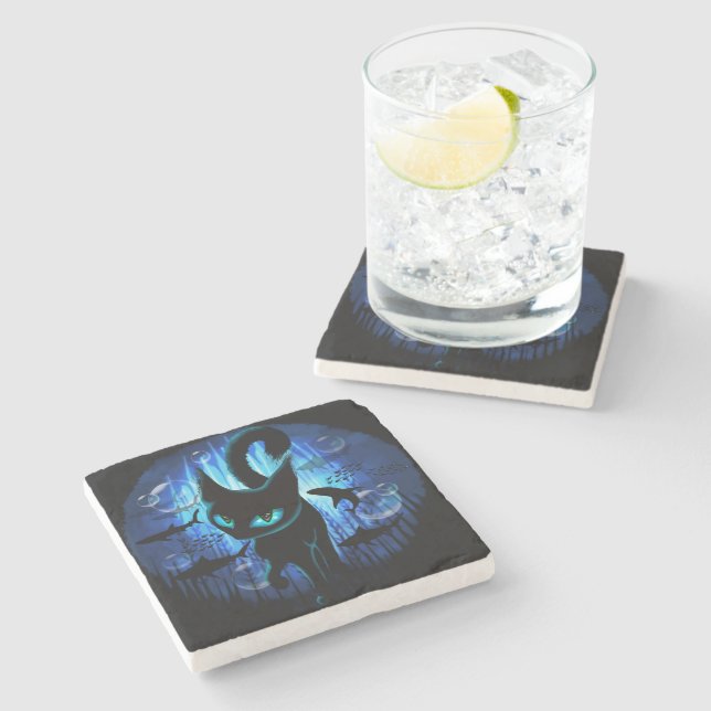 Aquaticat - Surreal Cat in Deep Ocean Fantasy Stone Coaster (Side)