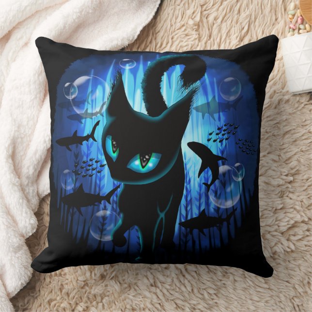 Aquaticat - Surreal Cat in Deep Ocean Fantasy Throw Pillow (Blanket)