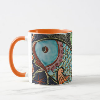 Aqwa mosaic teal fish art mug
