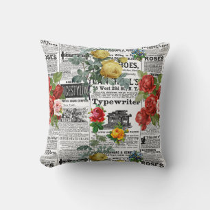 * AR23 Roses Floral Flower Vintage Newsprint Throw Pillow