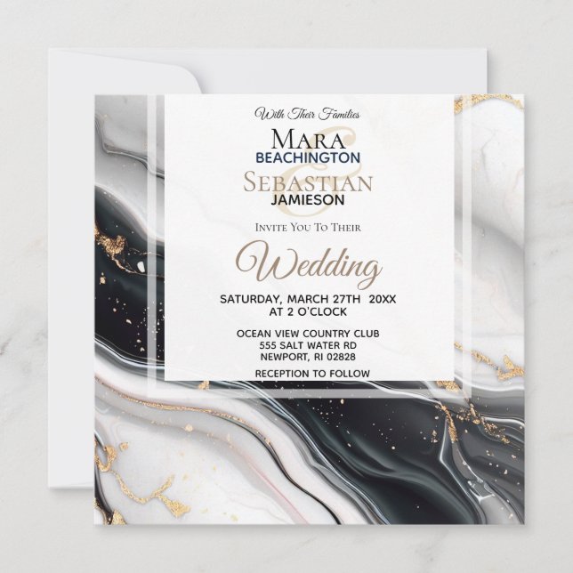 *~* AR66 RSVP White Black Gold Agate QR Wedding Invitation (Front)