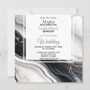 *~* AR66 RSVP White Black Gold Agate QR Wedding Invitation