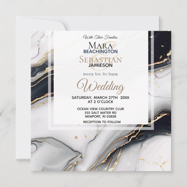 *~* AR66 White Black Gold Agate RSVP  QR Wedding Invitation (Front)