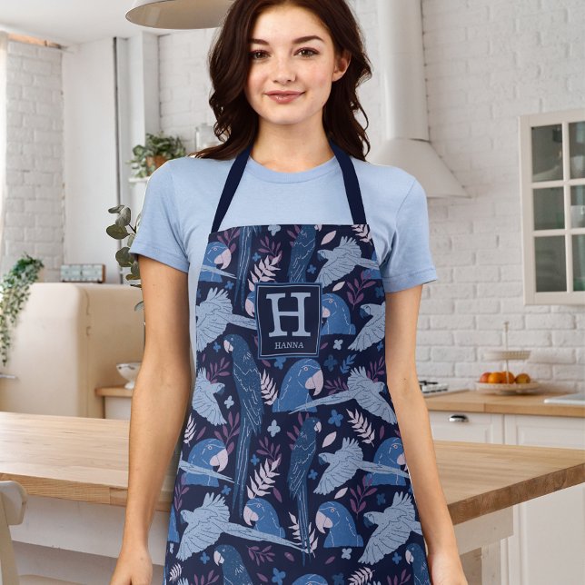 Ara Parrot Blue Tropical Leaf Pattern Monogram Apron (Creator Uploaded)