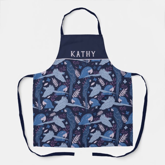 Ara Parrot Blue Tropical Leaf Pattern Name Apron (Front)