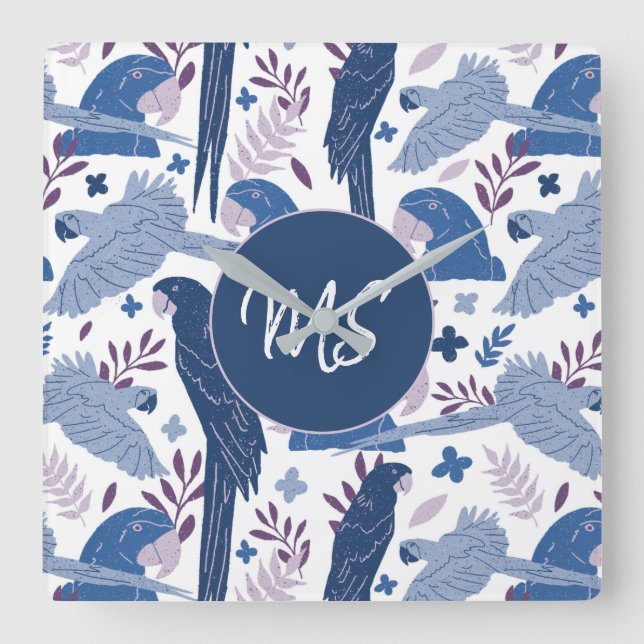Ara Parrot Blue Tropical Leave Pattern Monogram  Square Wall Clock (Front)