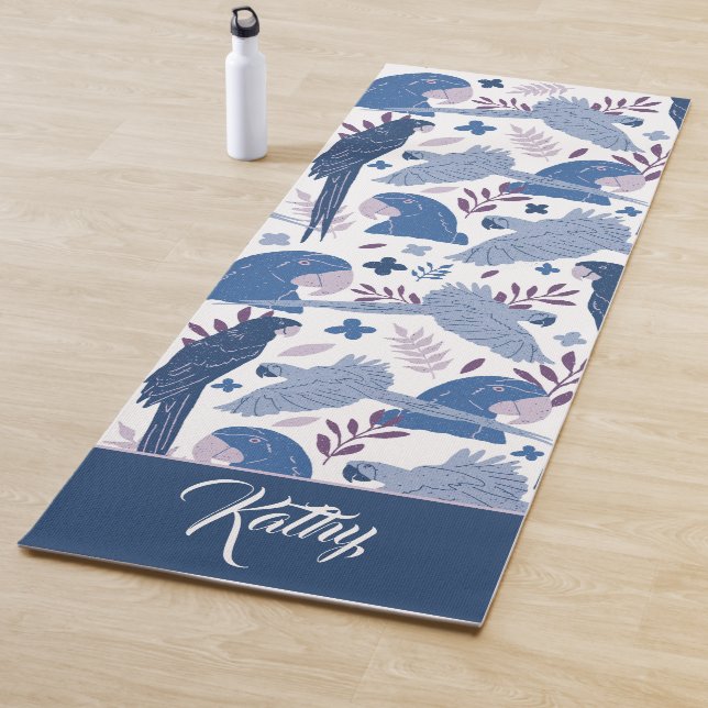 Ara Parrot Blue Tropical Pattern Monogram Name  Yoga Mat (In Situ)