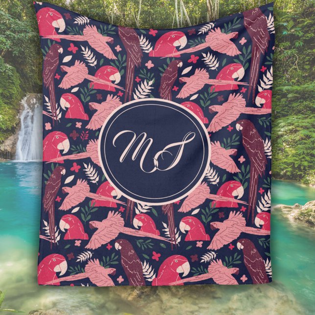 Ara Parrot Drawing Tropical Pattern Monogram Fleece Blanket (Creator Uploaded)
