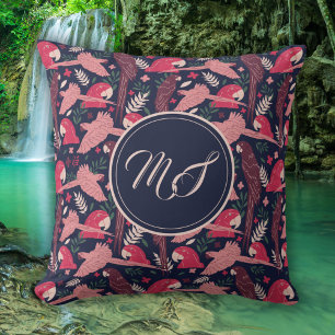 Ara Parrot Drawing Tropical Pattern Monogram Throw Pillow