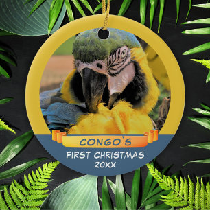 Ara Parrot Pet 1st Christmas Ribbon Photo Ceramic  Ornament